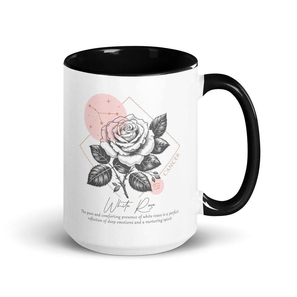 Cancer Zodiac White Rose Birth Flower 15 oz Mug with Black Handle - https://ascensionemporium.net 