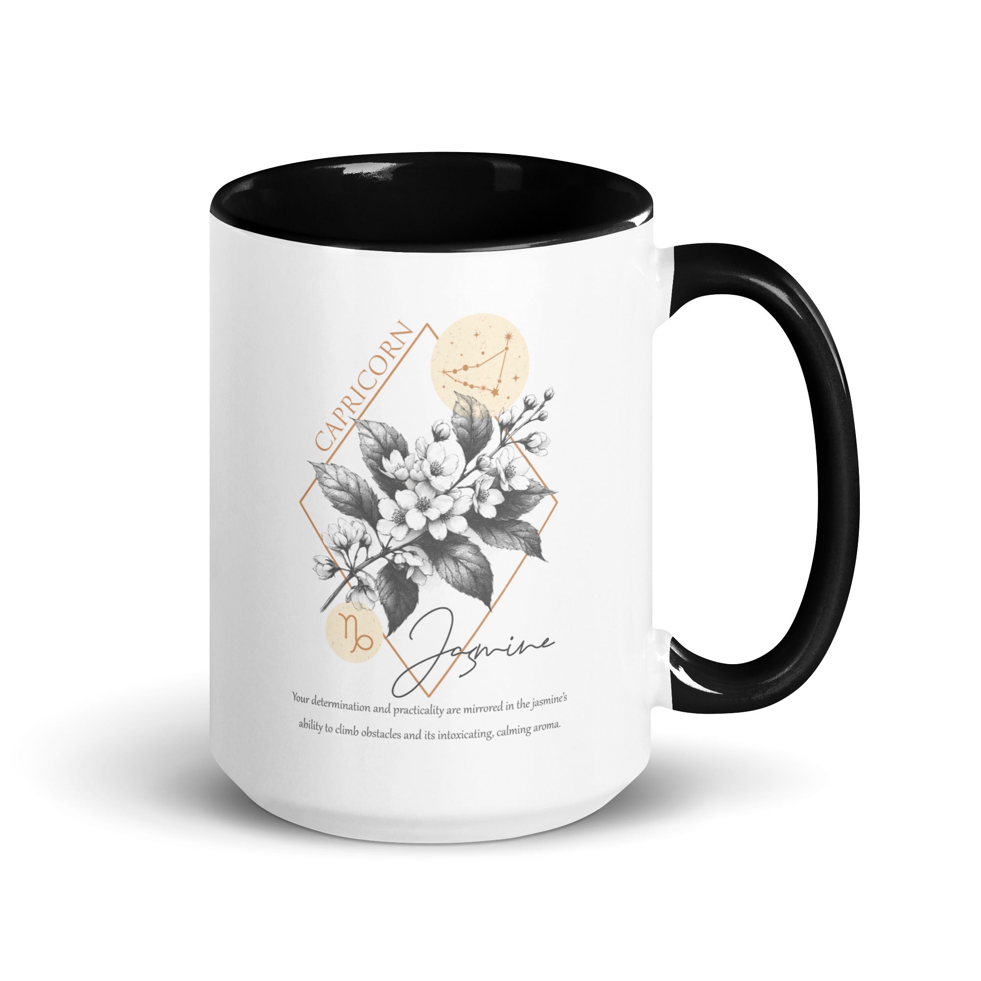 Capricorn Zodiac Jasmine Birth Flower 15 oz Mug with Black Handle - https://ascensionemporium.net 