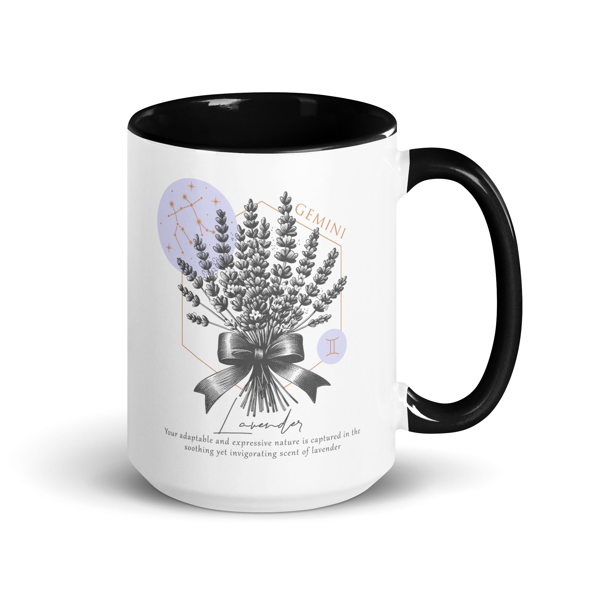 Gemini Zodiac Lavender Birth Flower 15 oz Mug with Black Handle - https://ascensionemporium.net 