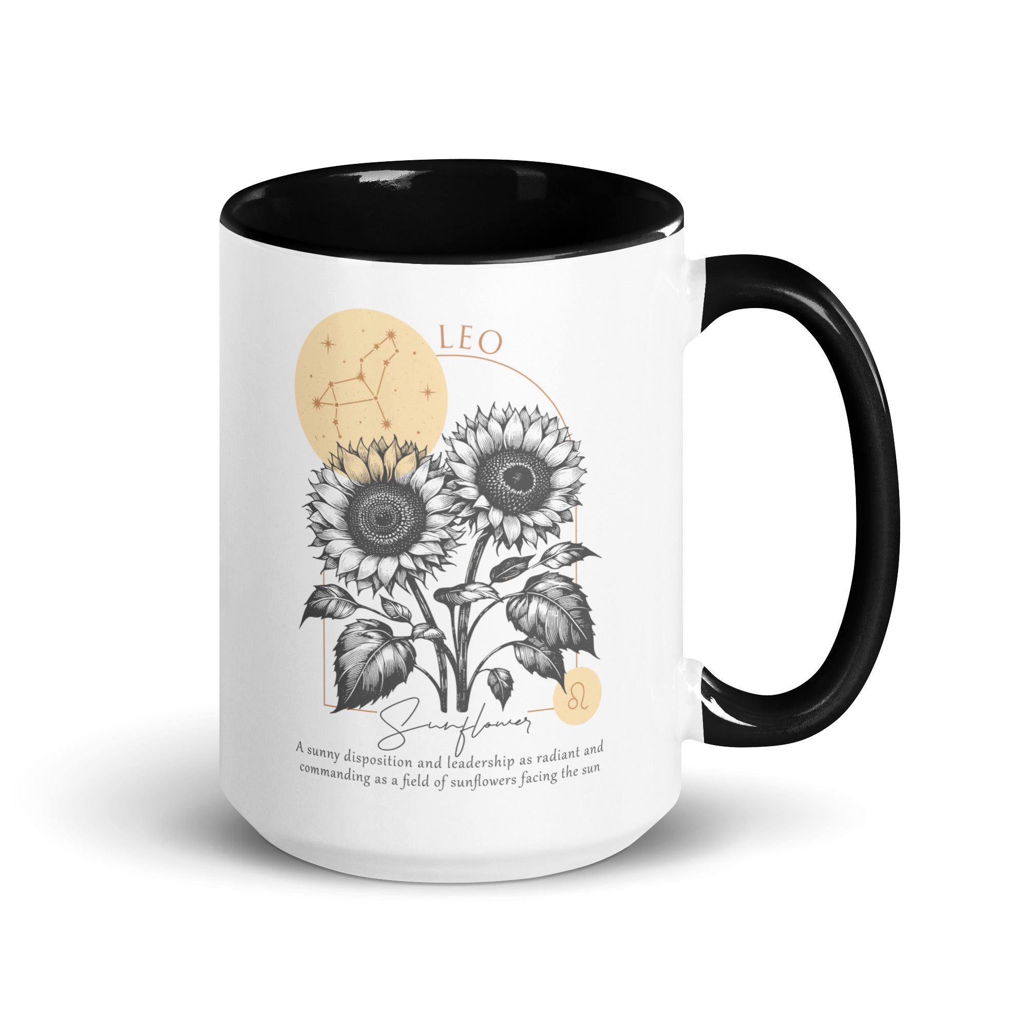 Leo Zodiac Sunflower Birth Flower 15 oz Mug with Black Handle - https://ascensionemporium.net 