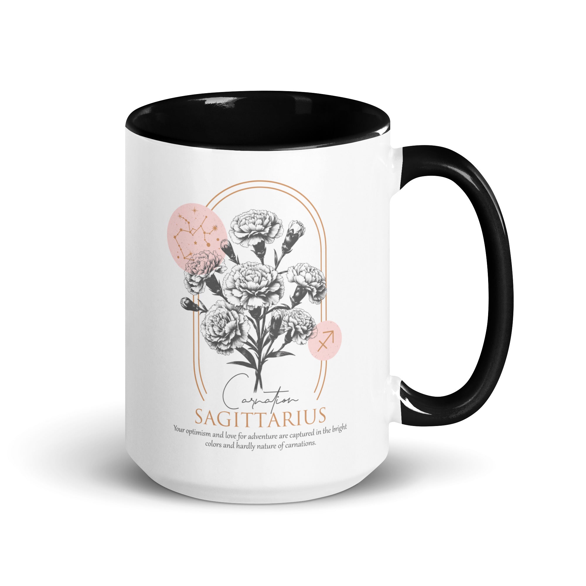 Sagittarius Zodiac Carnation Birth Flower 15 oz Mug with Black Handle - https://ascensionemporium.net 