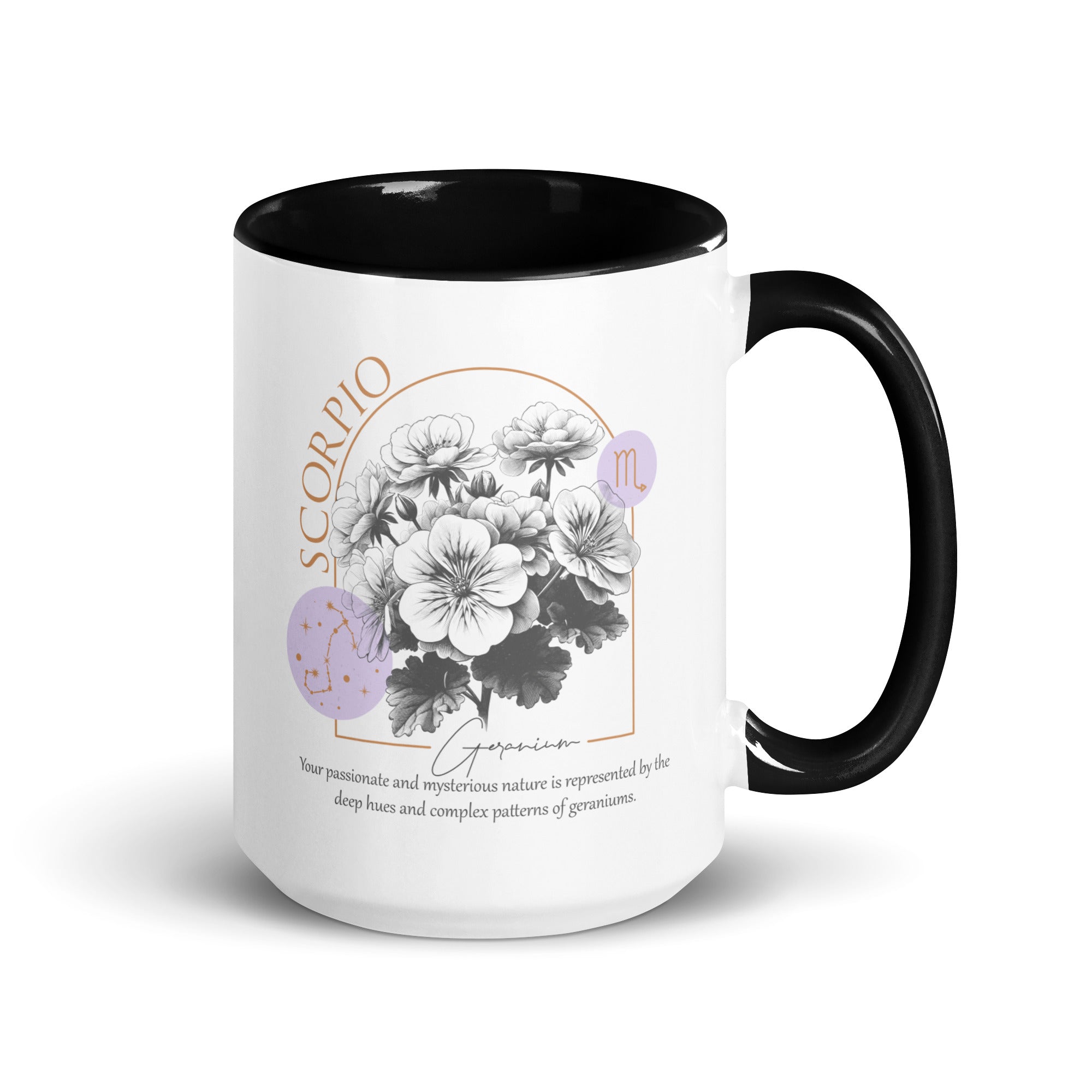Scorpio Zodiac Geranium Birth Flower 15 oz Mug with Black Handle - https://ascensionemporium.net 