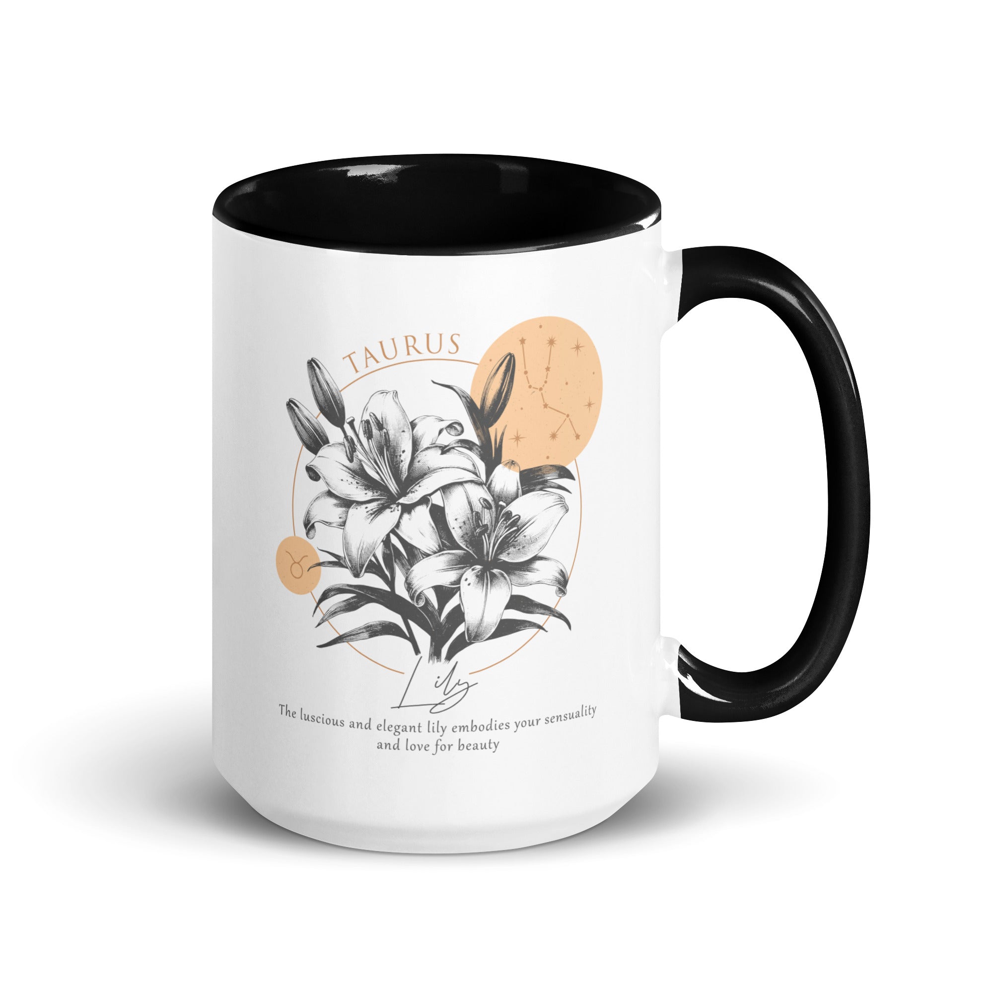 Taurus Zodiac Lily Birth Flower 15 oz Mug with Black Handle - https://ascensionemporium.net 