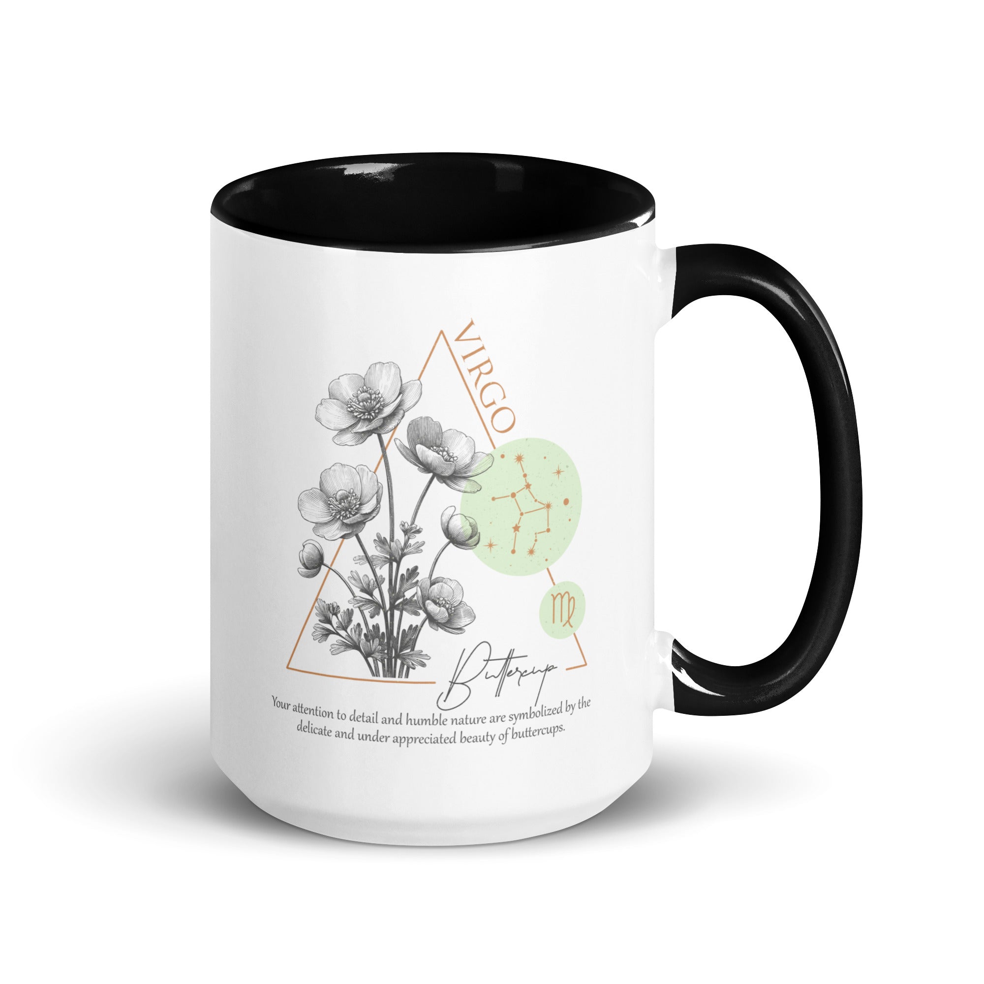 Virgo Zodiac Buttercup Birth Flower 15 oz Mug with Black Handle - https://ascensionemporium.net 
