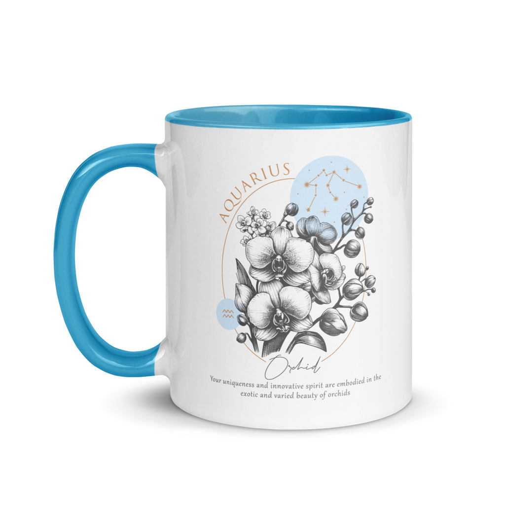 Aquarius Zodiac Orchid Birth Flower 11 oz Mug with Blue Handle - https://ascensionemporium.net 