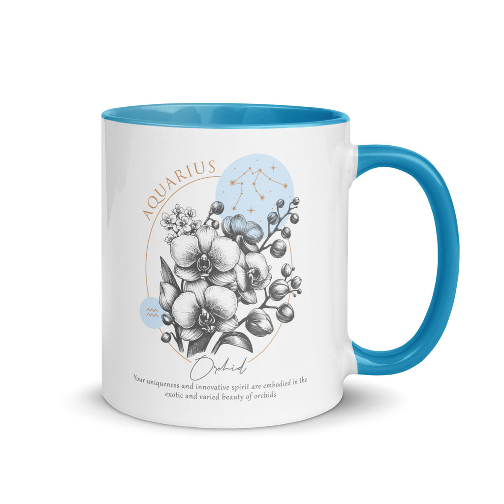 Aquarius Zodiac Orchid Birth Flower 11 oz Mug with Blue Handle - https://ascensionemporium.net 