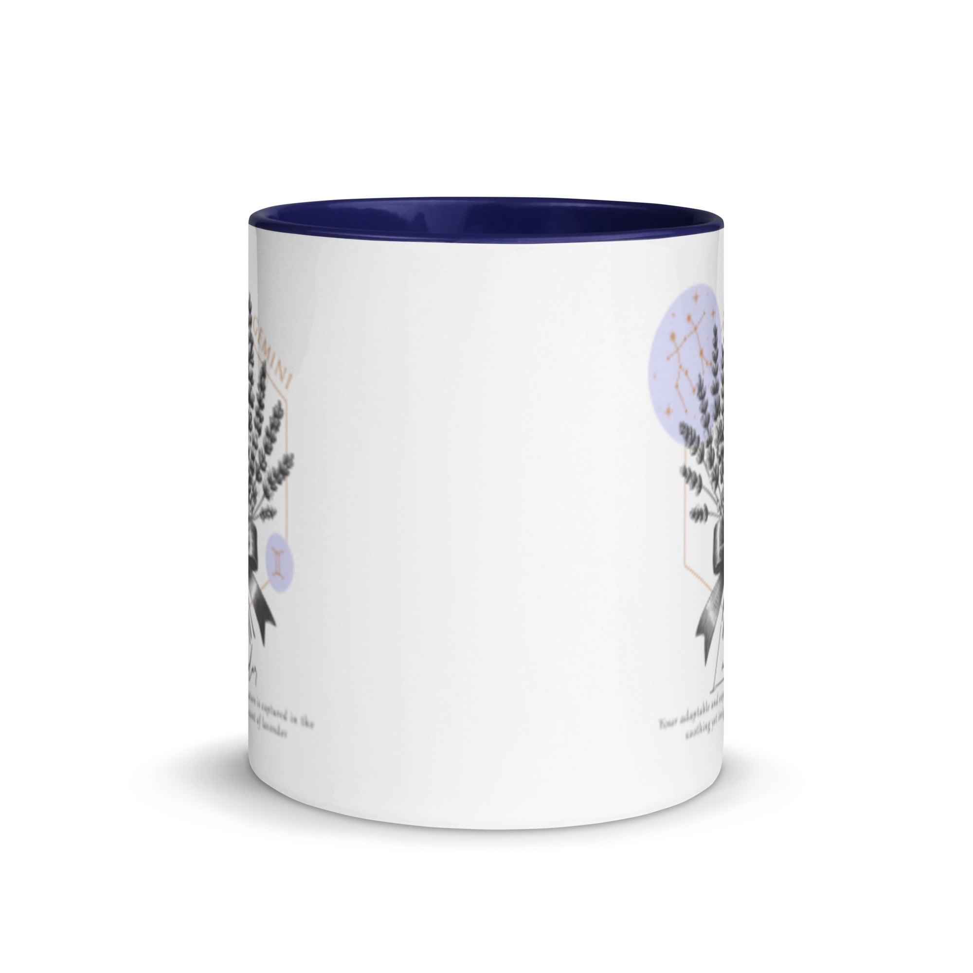 Gemini Zodiac Lavender Birth Flower 11 oz Mug with Dark Blue Handle - https://ascensionemporium.net 