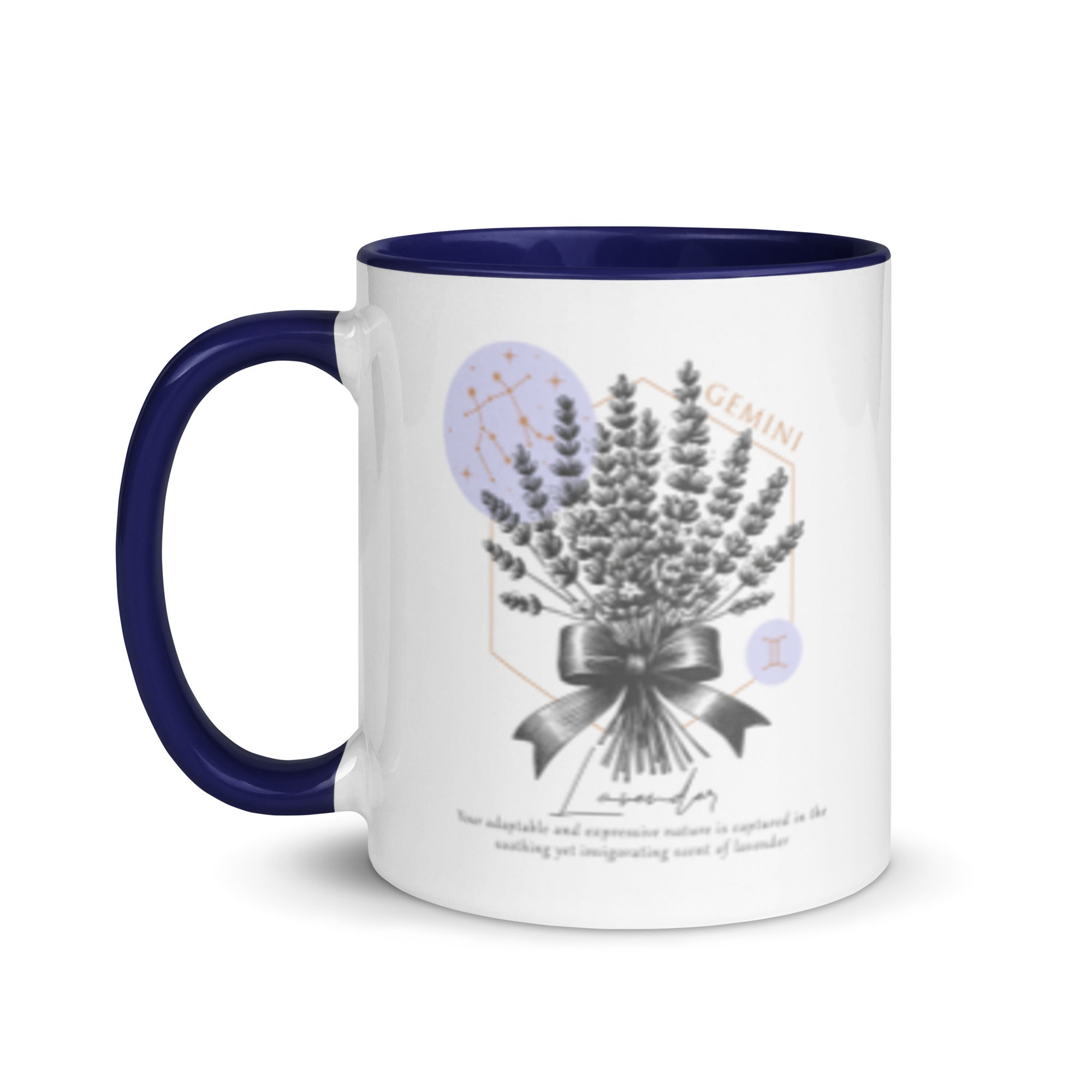 Gemini Zodiac Lavender Birth Flower 11 oz Mug with Dark Blue Handle - https://ascensionemporium.net 