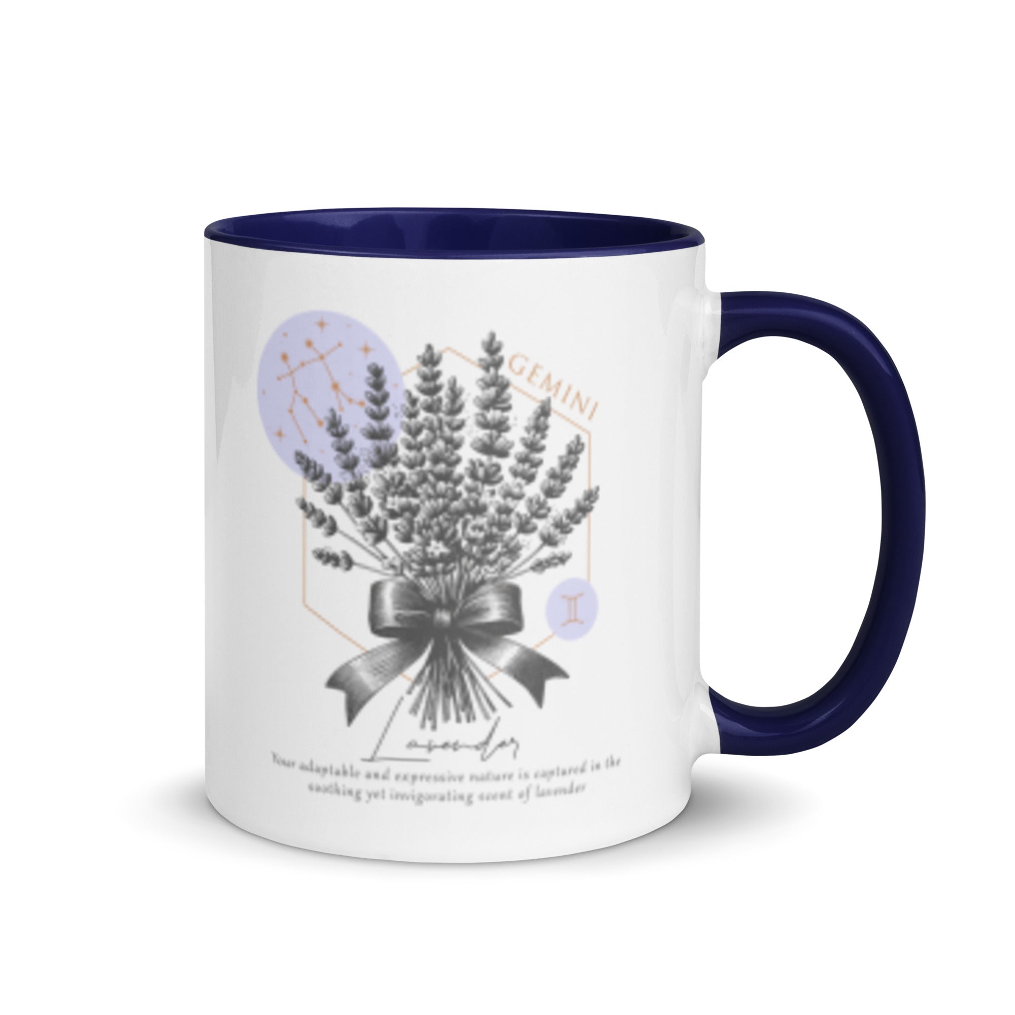 Gemini Zodiac Lavender Birth Flower 11 oz Mug with Dark Blue Handle - https://ascensionemporium.net 