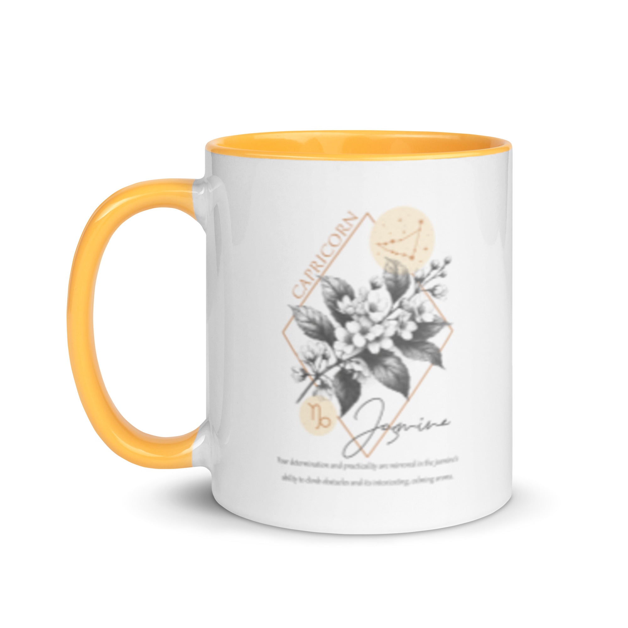 Capricorn Zodiac Jasmine Birth Flower 11 oz Mug with Golden Yellow Handle - https://ascensionemporium.net 