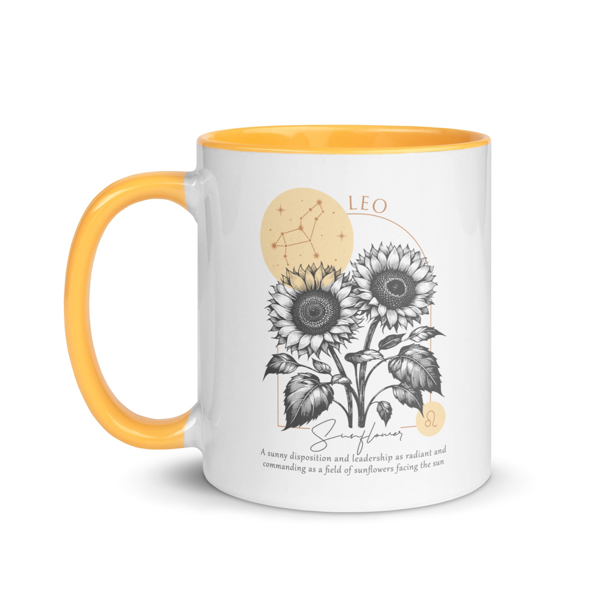 Leo Zodiac Sunflower Birth Flower 11 oz Mug with Golden Yellow Handle - https://ascensionemporium.net 