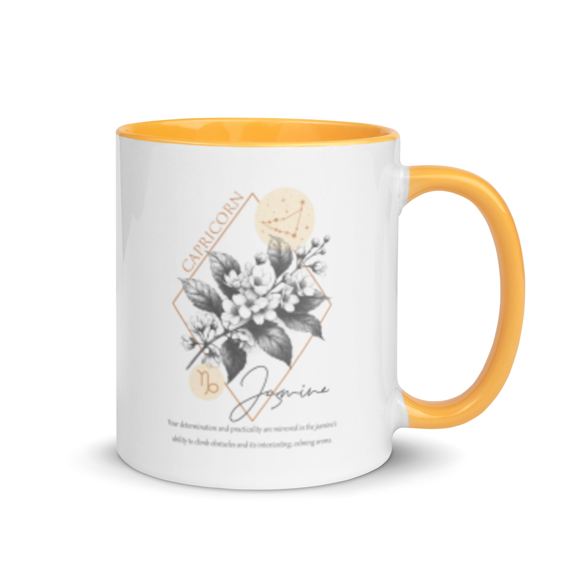 Capricorn Zodiac Jasmine Birth Flower 11 oz Mug with Golden Yellow Handle - https://ascensionemporium.net 