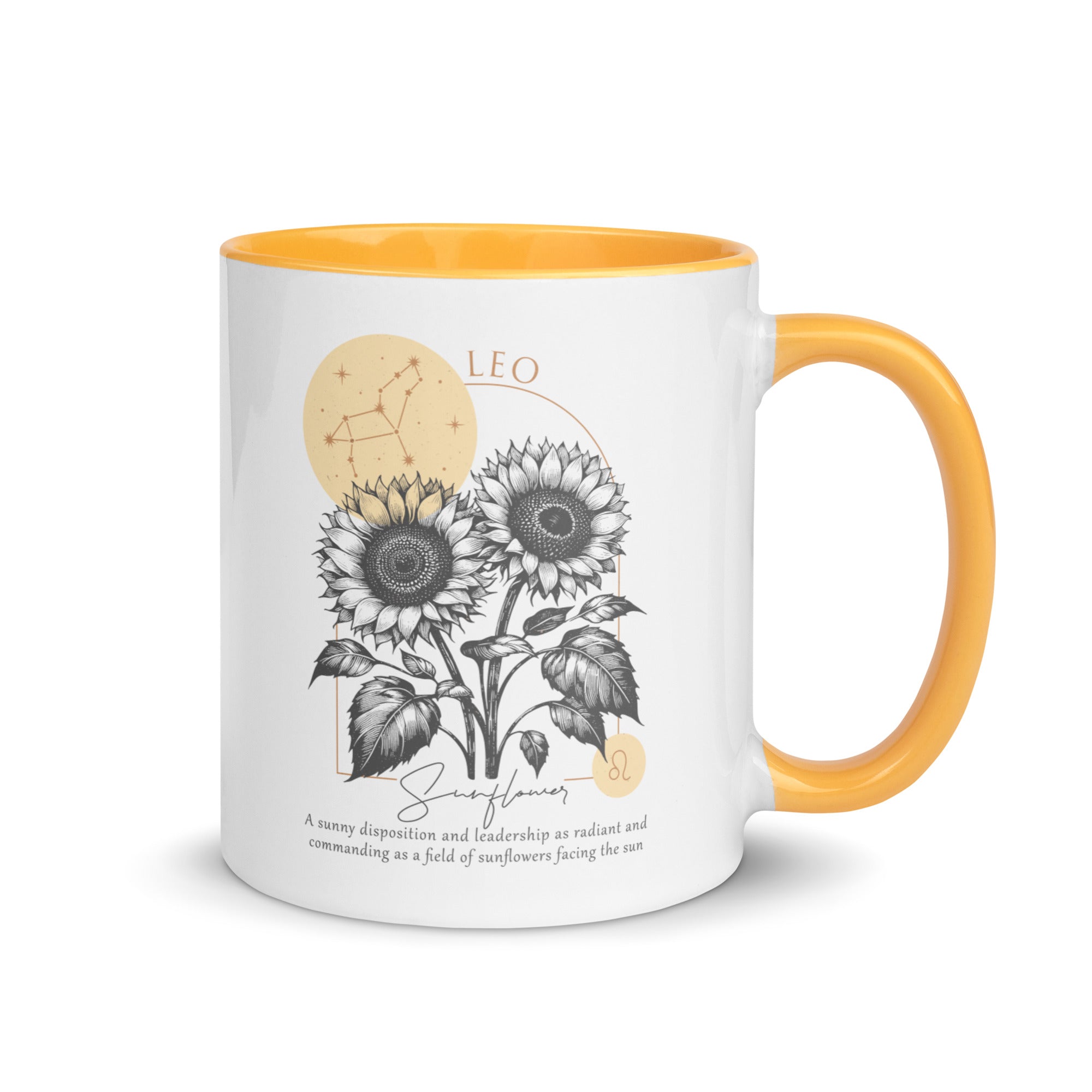 Leo Zodiac Sunflower Birth Flower 11 oz Mug with Golden Yellow Handle - https://ascensionemporium.net 