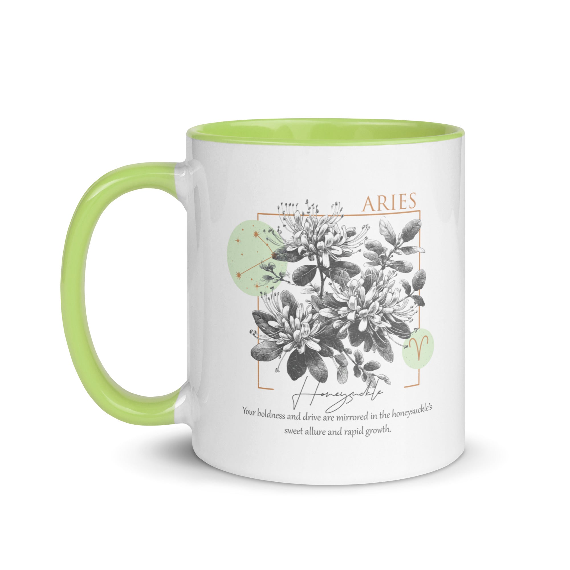 Aries Zodiac Honeysuckle Birth Flower 11 oz Mug with Green Handle - https://ascensionemporium.net 