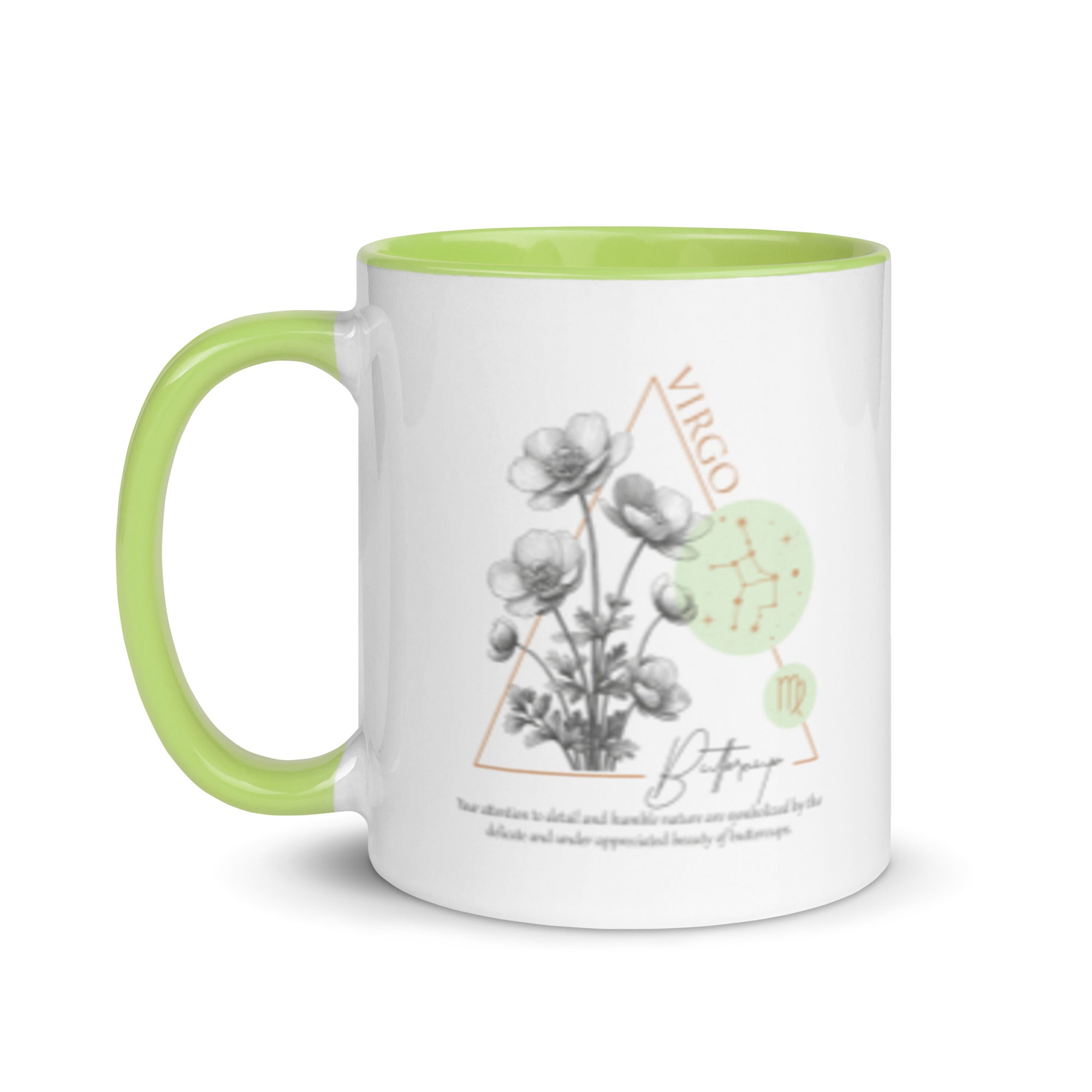Virgo Zodiac Buttercup Birth Flower 11 oz Mug with Green Handle - https://ascensionemporium.net 