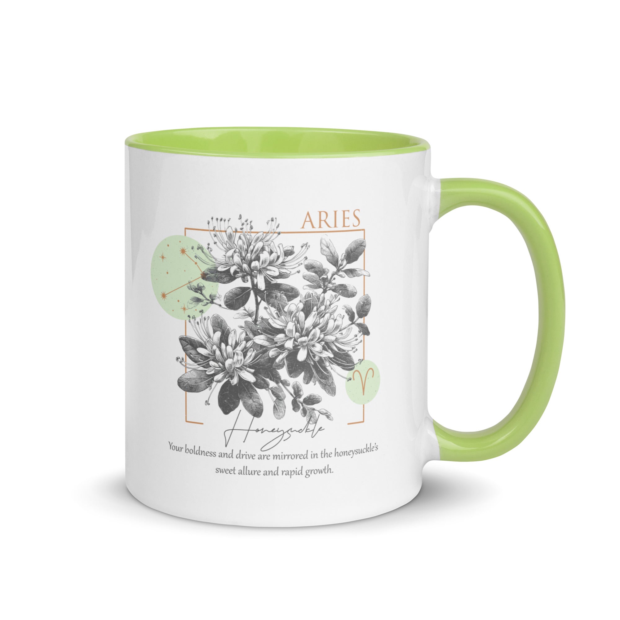 Aries Zodiac Honeysuckle Birth Flower 11 oz Mug with Green Handle - https://ascensionemporium.net 