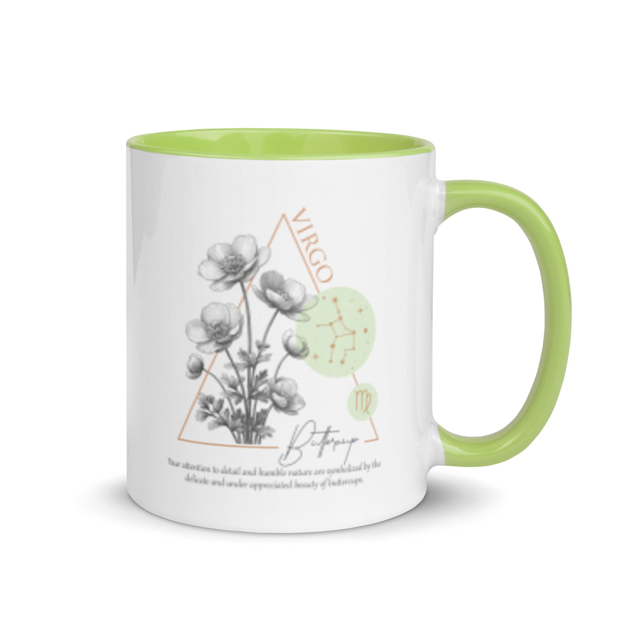 Virgo Zodiac Buttercup Birth Flower 11 oz Mug with Green Handle - https://ascensionemporium.net 