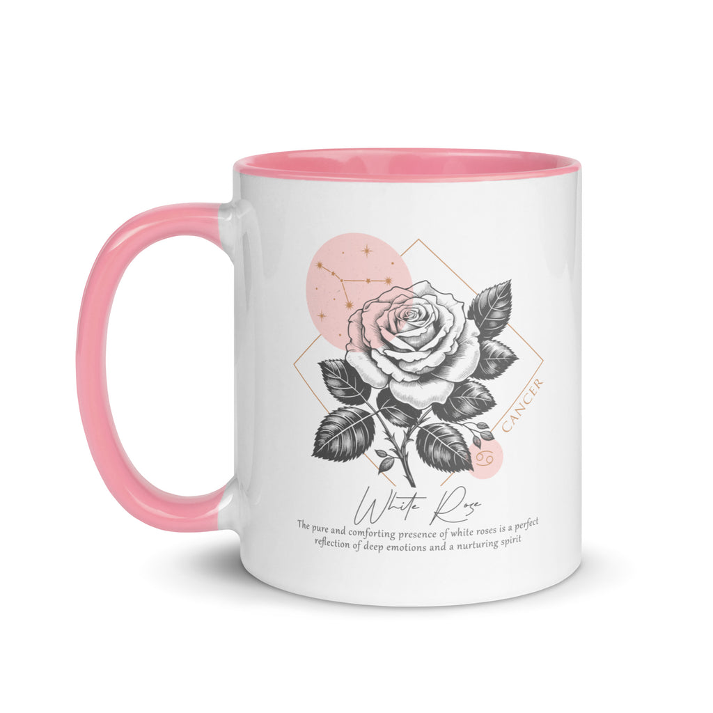 Cancer Zodiac White Rose Birth Flower 11 oz Mug with Pink Handle - https://ascensionemporium.net 