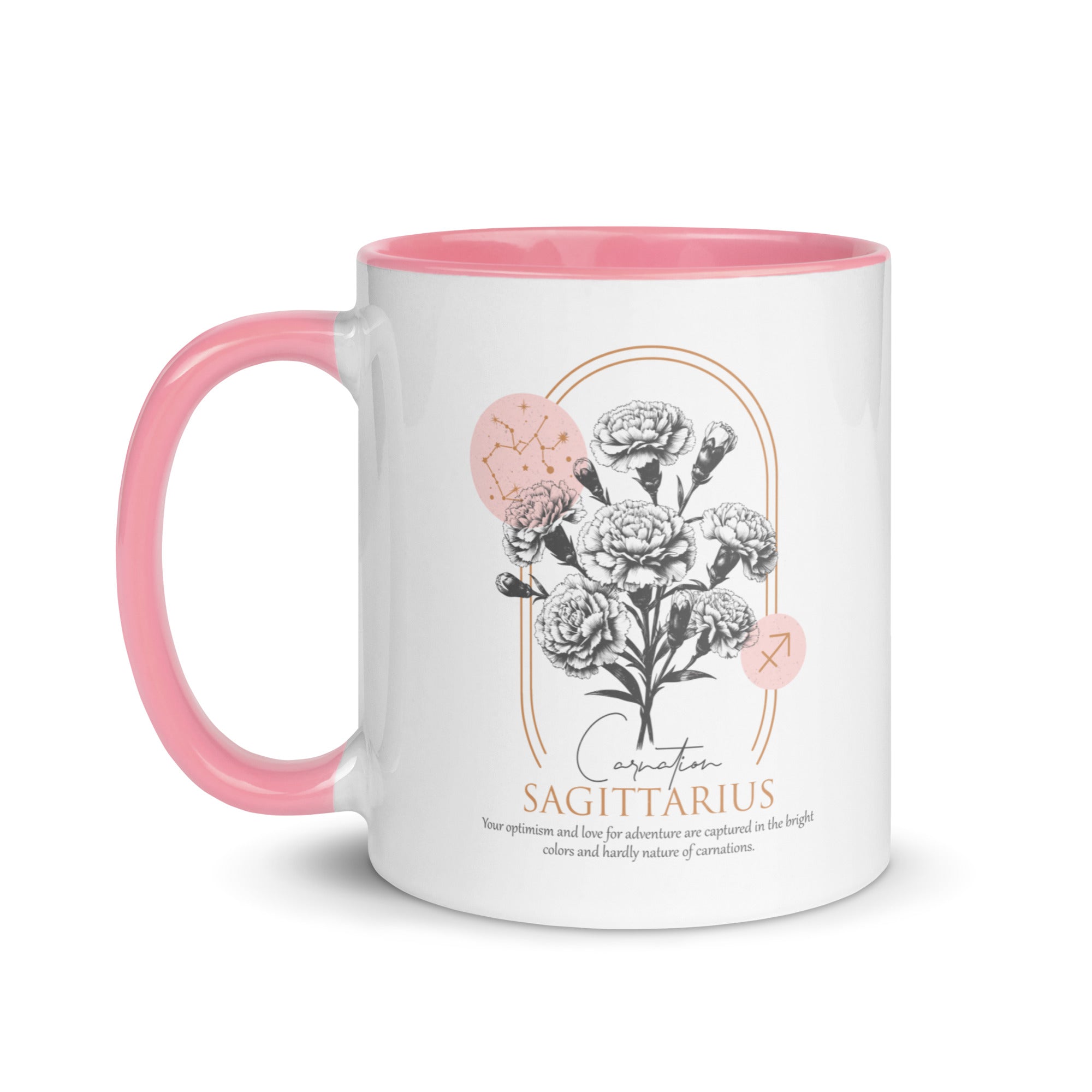 Sagittarius Zodiac Carnation Birth Flower 11 oz Mug with Pink Handle - https://ascensionemporium.net 