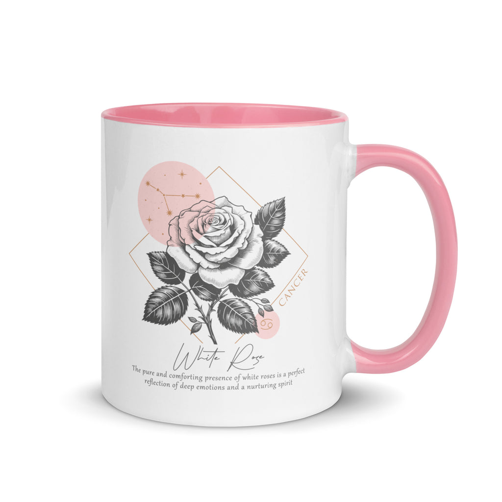 Cancer Zodiac White Rose Birth Flower 11 oz Mug with Pink Handle - https://ascensionemporium.net 