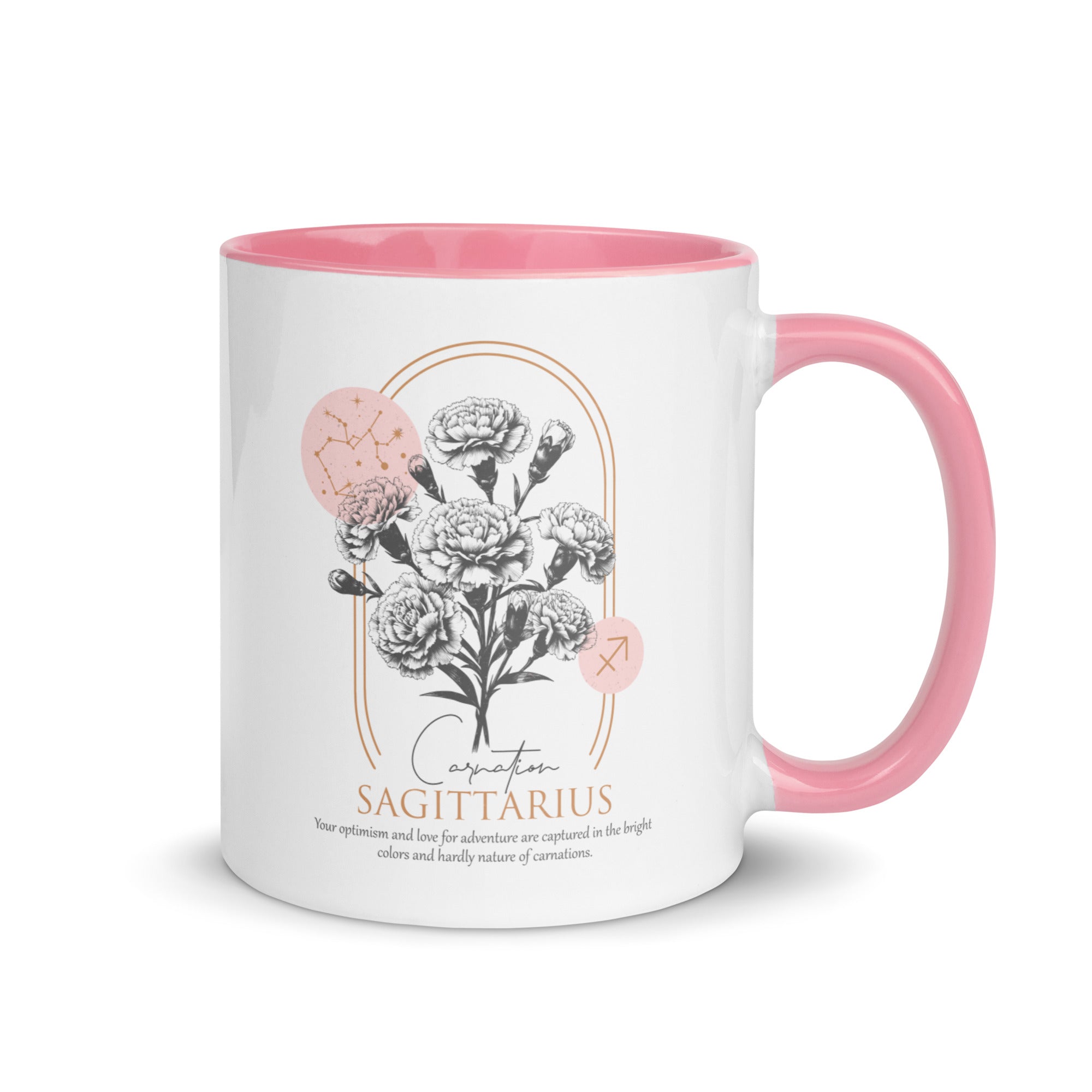 Sagittarius Zodiac Carnation Birth Flower 11 oz Mug with Pink Handle - https://ascensionemporium.net 