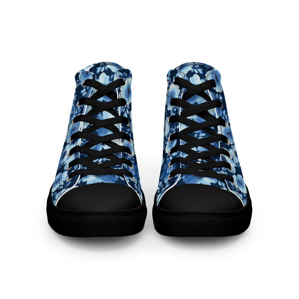 True Blue Floral Women’s High Top Sneakers - Black Color - https://ascensionemporium.net