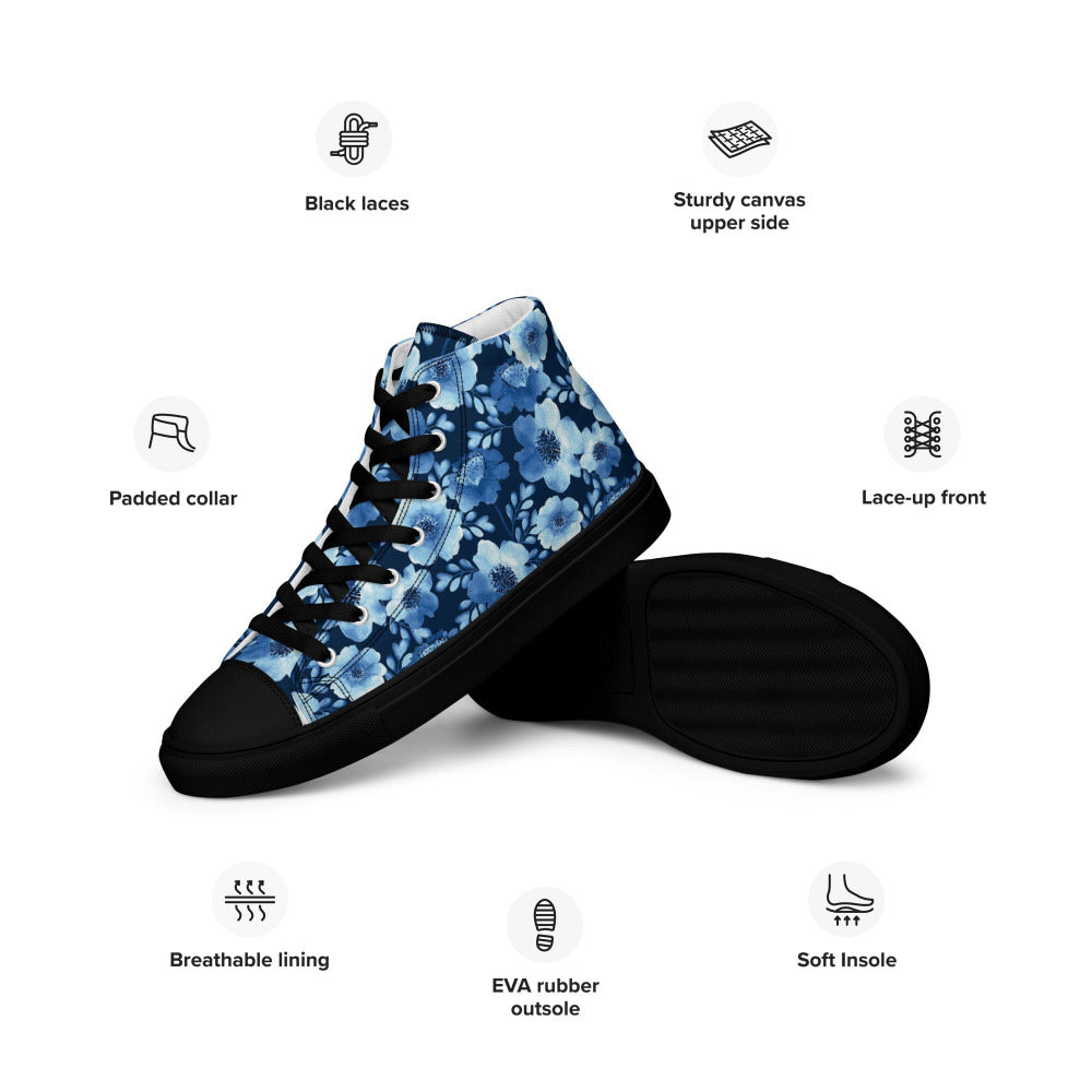 True Blue Floral Women’s High Top Sneakers - Black Color - https://ascensionemporium.net