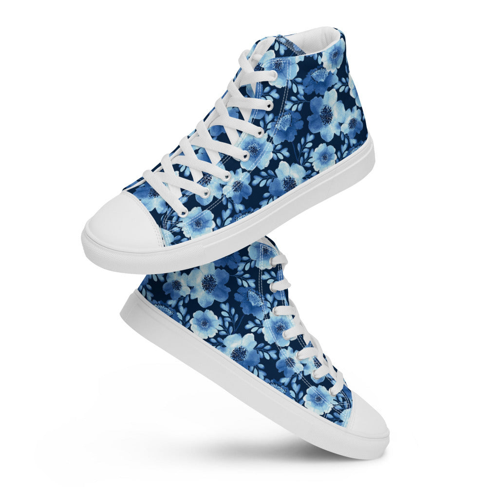 True Blue Floral Women’s High Top Sneakers - White Color - https://ascensionemporium.net
