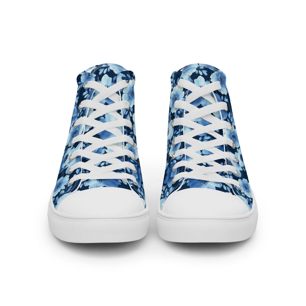 True Blue Floral Women’s High Top Sneakers - White Color - https://ascensionemporium.net