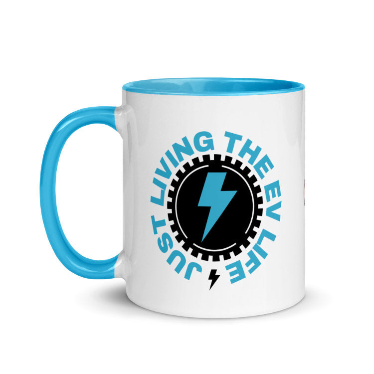 Just Living The EV Life Mug with Blue Color Inside And On Handle- Electric Vehicle Mug - Electric Car Mug - by https://ascensionemporium.net