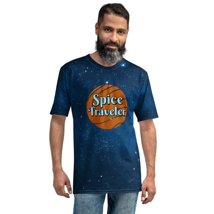 Dune - Spice Traveler Men's All-Over Print T-Shirt With Model Front by https://ascensionemporium.net