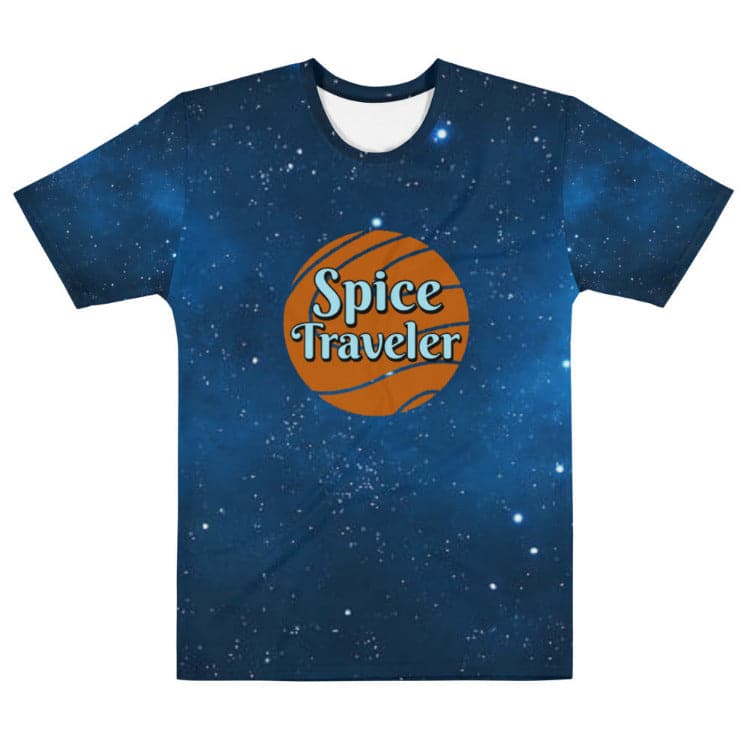 Dune - Spice Traveler Men's All-Over Print T-Shirt Front With Model by https://ascensionemporium.net
