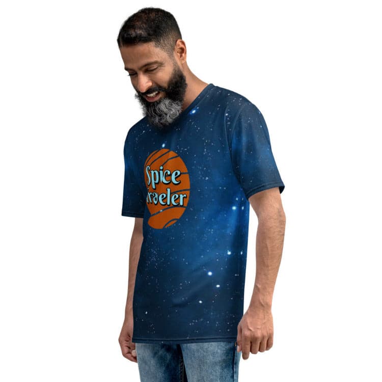 Dune - Spice Traveler Men's All-Over Print T-Shirt With Model Left by https://ascensionemporium.net