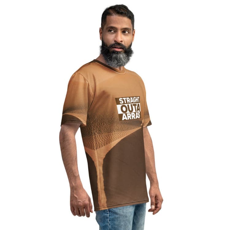 Dune — Straight Outta Arrakis Men's All-Over Print T-Shirt With Model Right View by https://ascensionemporium.net