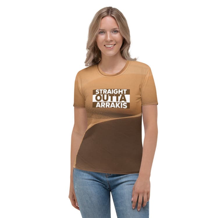 Dune — Straight Outta Arrakis Women's All-Over Print T-Shirt With Model Front View by https://ascensionemporium.net