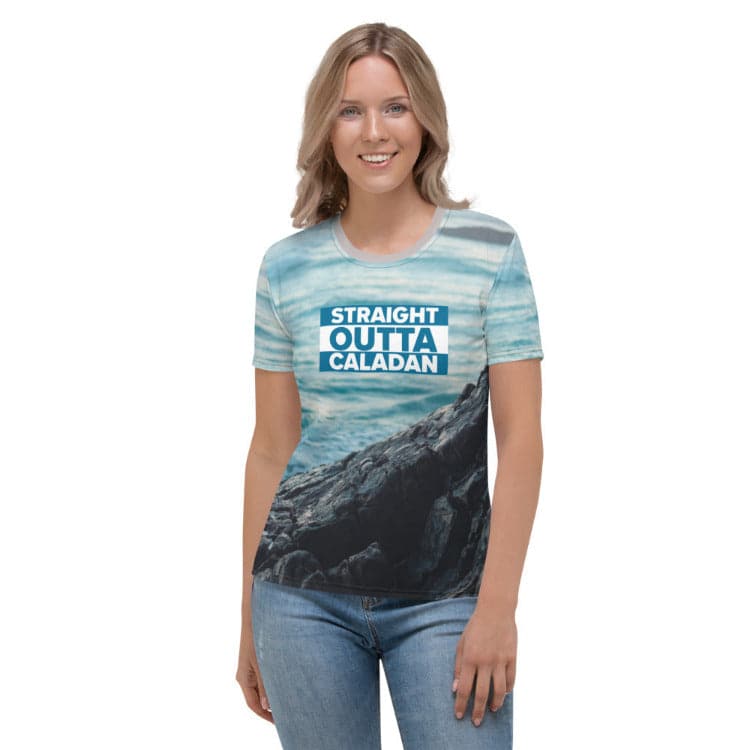 Dune — Straight Outta Caladan Women's All-Over Print T-Shirt With Model Front View by https://ascensionemporium.net