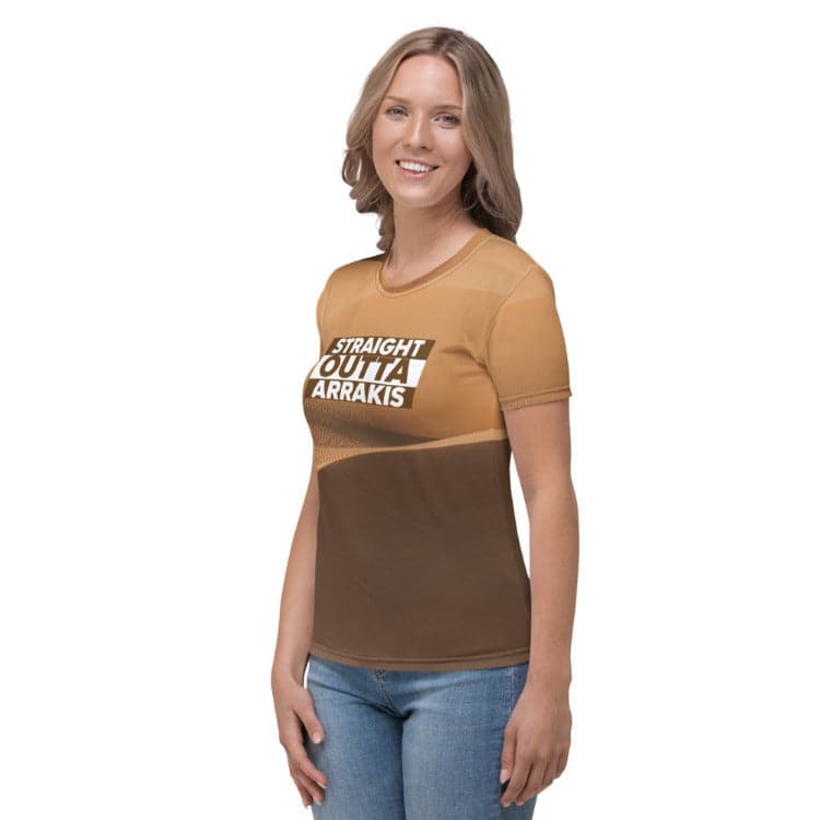 Dune — Straight Outta Arrakis Women's All-Over Print T-Shirt With Model Left View by https://ascensionemporium.net