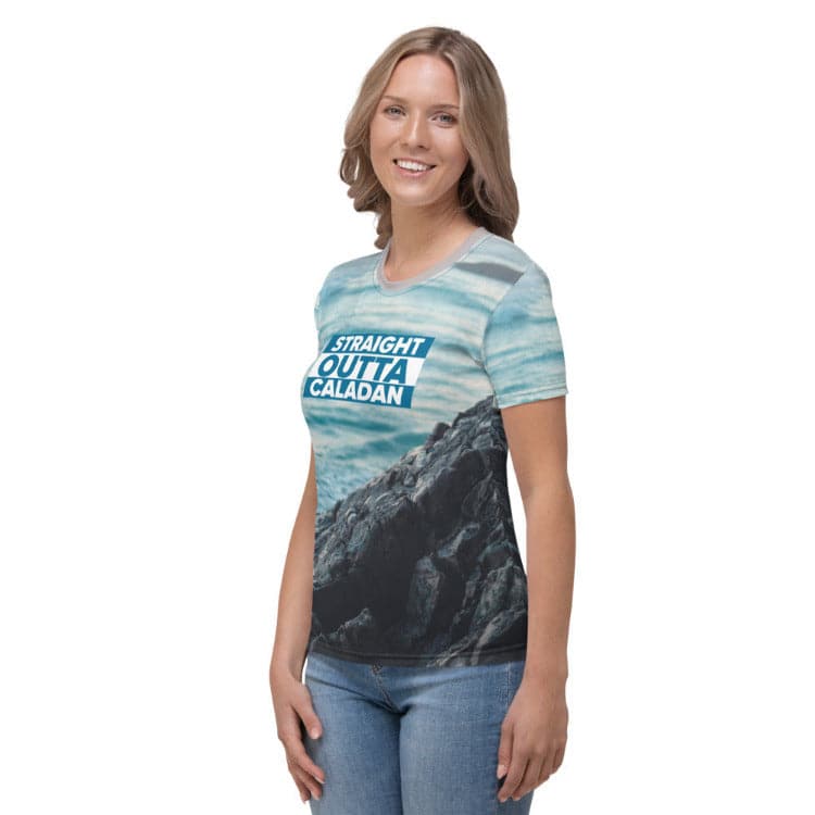 Dune — Straight Outta Caladan Women's All-Over Print T-Shirt With Model Left View by https://ascensionemporium.net