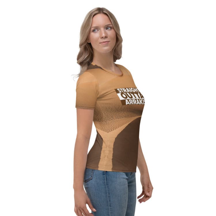 Dune — Straight Outta Arrakis Women's All-Over Print T-Shirt With Model Right View by https://ascensionemporium.net