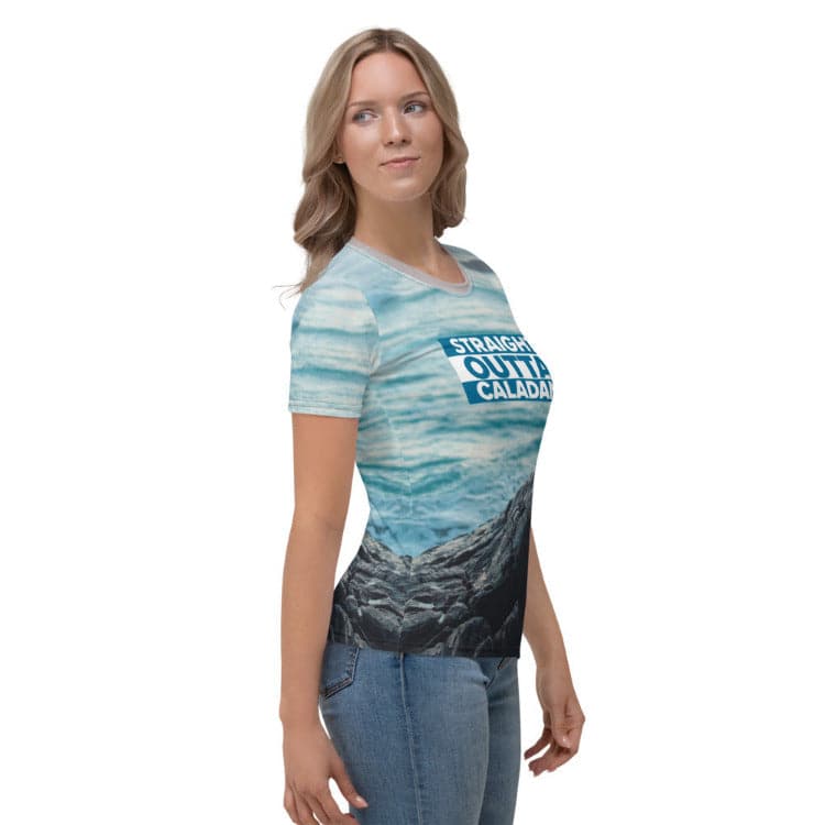 Dune — Straight Outta Caladan Women's All-Over Print T-Shirt With Model Right View by https://ascensionemporium.net
