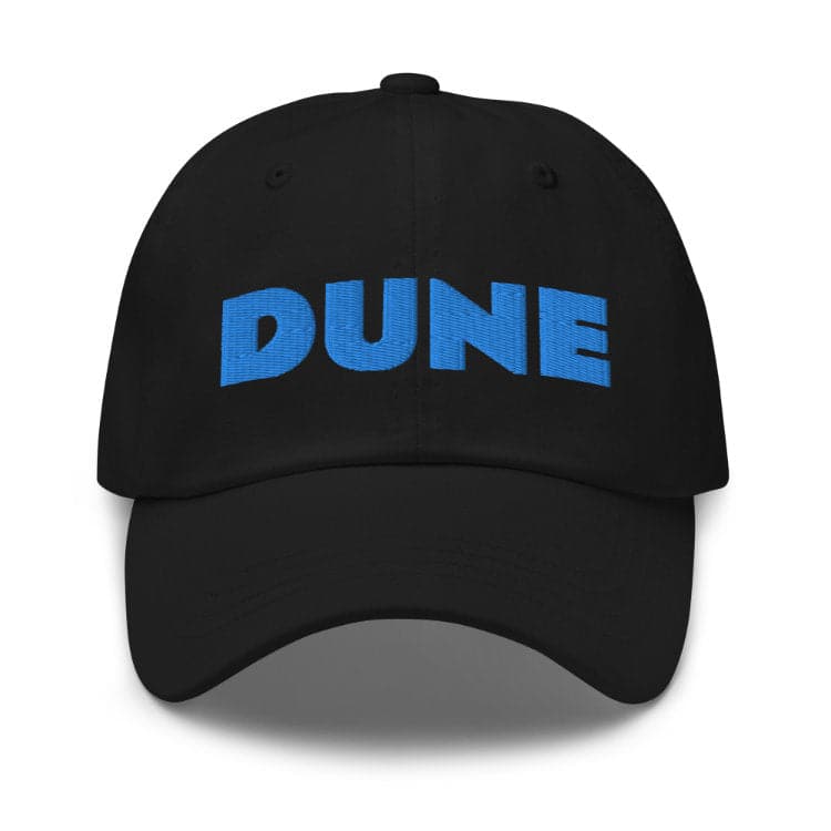 Dune - Black Adjustable Hat with Blue Stitch Embroidery Front by https://ascensionemporium.net