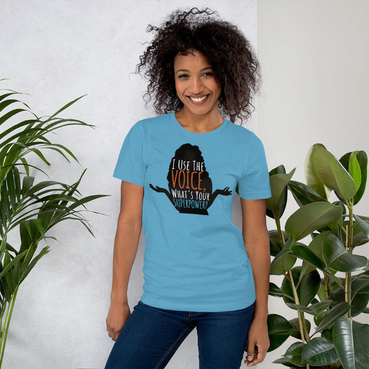 Dune I Use The Voice What's Your Superpower Women's T-Shirt—Female Model Wearing Ocean Blue Color—by https://ascensionemporium.net