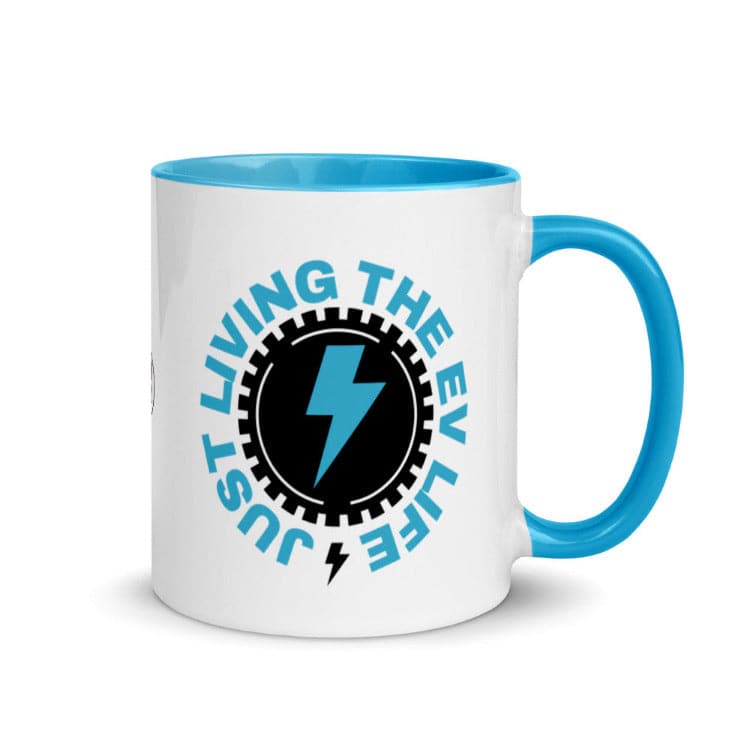 Just Living The EV Life Mug with Blue Color Inside And On Handle- Electric Vehicle Mug - Electric Car Mug - by https://ascensionemporium.net